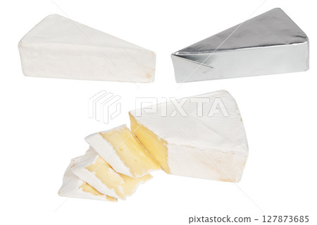 Brie cheese in a triangle on white background isolated Brie cheese in a triangle on white background isolated 127873685