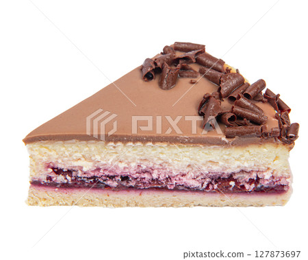 Slice of classic cheesecake isolated on white background. Slice of classic cheesecake isolated on white background. 127873697