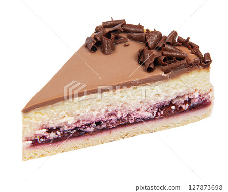 Slice of classic cheesecake isolated on white background. Slice of classic cheesecake isolated on white background. 127873698