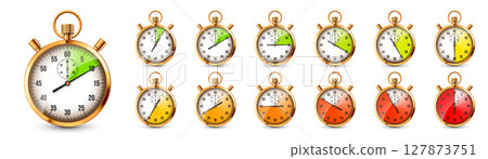 Realistic classic stopwatch. Shiny golden metal chronometer, time counter with dial. Colorful countdown timer showing minutes, seconds. Time measurement for sport, start, finish. Vector illustration 127873751