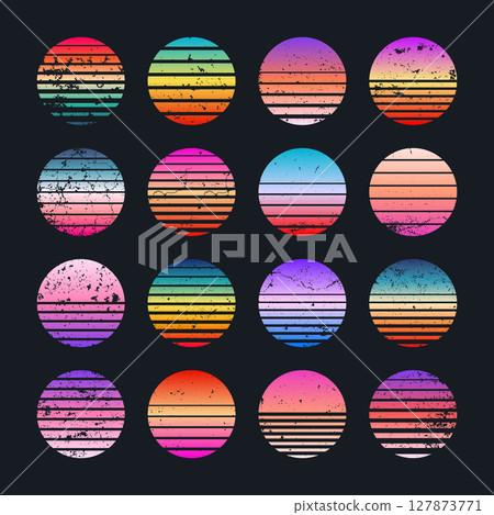 Grunge vintage colorful sunset. Striped gradient sunrise badges in 80s and 90s style. Sun and ocean view, summer vibes, surfing. Design element for print, logo or t-shirt. Vector illustration Grunge vintage colorful sunset. Striped gradient sunrise badges in 80s and 90s style. Sun and ocean view, summer vibes, surfing. Design element for print, logo or t-shirt. Vector illustration 127873771