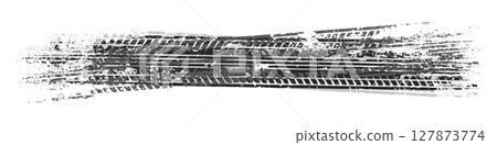 Grunge tire tracks with mud splatters, dirty wheel braking marks. Truck, car, or motorcycle tread pattern silhouettes. Perfect for off-road, motorsport, and racing designs. Vector illustration 127873774