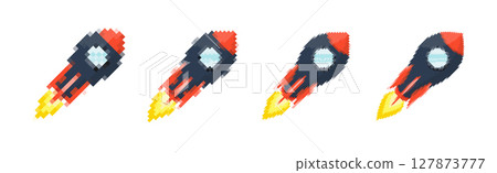 Pixel art rocket with fiery trails, retro games, space-themed designs, apps, or animations. 8-bit style for technology, sci-fi, and futuristic creative projects. Vector illustration Pixel art rocket with fiery trails, retro games, space-themed designs, apps, or animations. 8-bit style for technology, sci-fi, and futuristic creative projects. Vector illustration 127873777