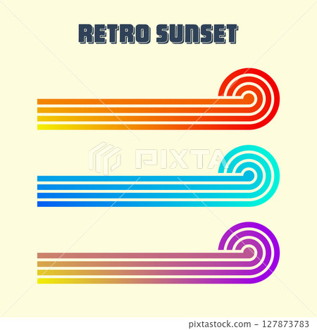 Vintage colorful sunset. Various gradient striped sunrise badges in 80s and 90s style. Sun and ocean view, summer vibes, surfing. Design element for print, logo or t-shirt. Vector illustration 127873783