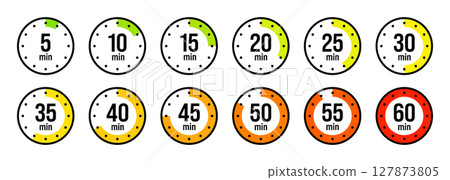 Stopwatch icons. Colorful simple chronometer, time counter with dial. Countdown timer showing hours and minutes. Deadline, measurement for sport. Cooking time label, sticker. Vector illustration 127873805