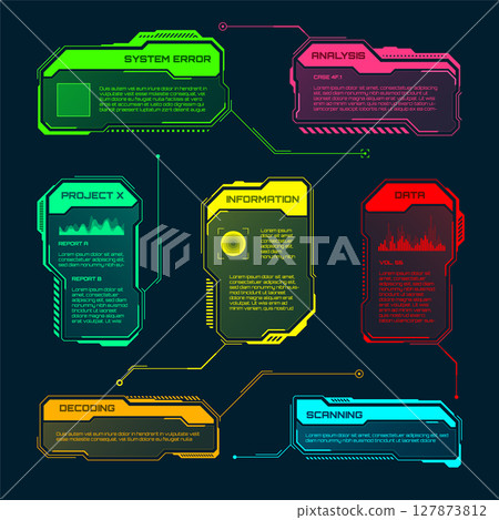 Futuristic HUD or UI elements. Sci-fi user interface text boxes, callouts. Colorful warning message frame, information boxes template. Modern game interface layout, digital style. Vector illustration 127873812