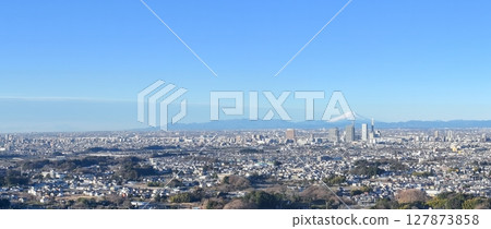 Aerial view of Mt. Fuji and Saitama New City in Saitama Prefecture 127873858