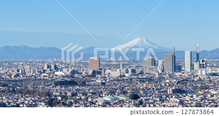 Aerial view of Mt. Fuji and Saitama New City in Saitama Prefecture 127873864