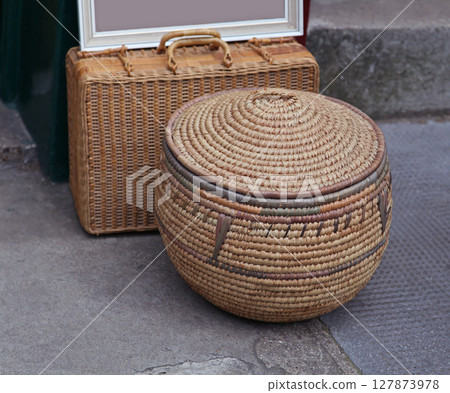 Rattan boxes on street Rattan boxes on street 127873978