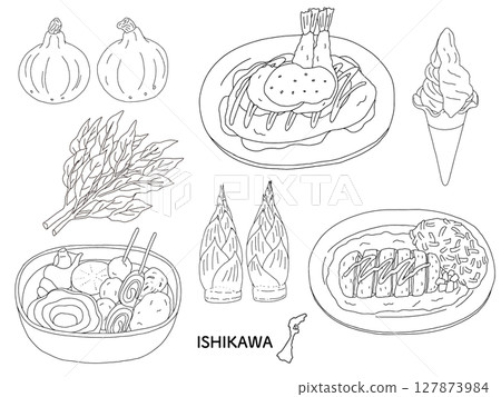 Ishikawa, Kanazawa gourmet travel illustration set 127873984