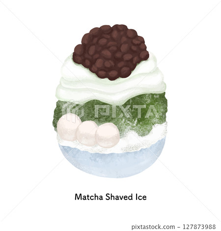Shaved ice with matcha cream and azuki beans - Line drawing illustration Shaved ice with matcha cream and azuki beans - Line drawing illustration 127873988