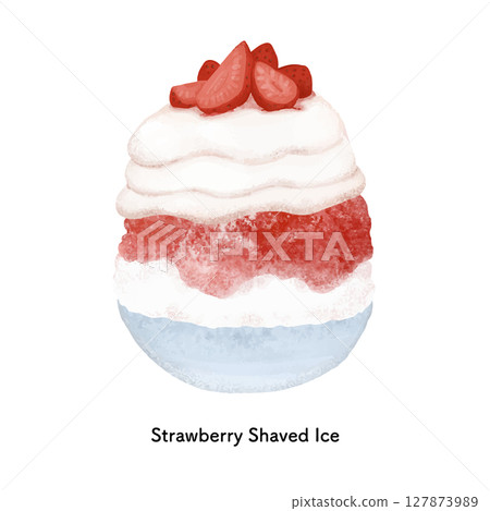 Shaved ice with cream and strawberries on top - illustration drawn with colored pencils Shaved ice with cream and strawberries on top - illustration drawn with colored pencils 127873989