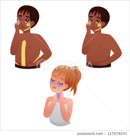 Face taping. Beautiful face and body with the help of cosmetic tape. 127874033