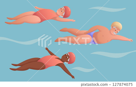 Elderly people swimming. Elderly people spending time actively, doing sports 127874075