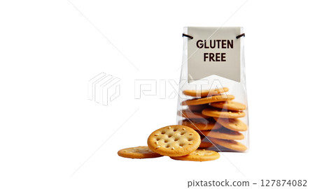 A simple pouch contains delicious gluten free crackers with sesame, showcasing a clear ribbon label that highlights their gluten free characteristic. Perfect for snack time. A simple pouch contains delicious gluten free crackers with sesame, showcasing a clear ribbon label that highlights their gluten free characteristic. Perfect for snack time. 127874082