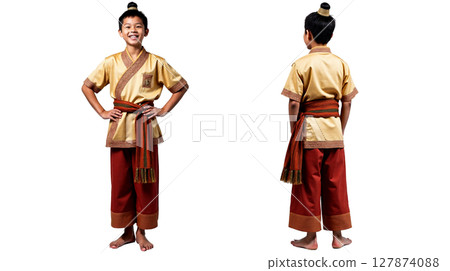 A young man proudly displays a traditional Thai outfit in two distinct poses, highlighting the intricate design and color scheme of Thai culture. The ensemble reflects cultural heritage. 127874088