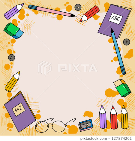 School frame, office supplies line set, paper notebook , education background, contour drawing pattern. Stationery illustration School frame, office supplies line set, paper notebook , education background, contour drawing pattern. Stationery illustration 127874201
