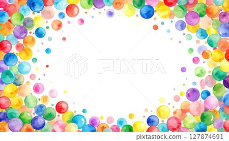 Corner frame of watercolor confetti dots in bright rainbow colors 127874691