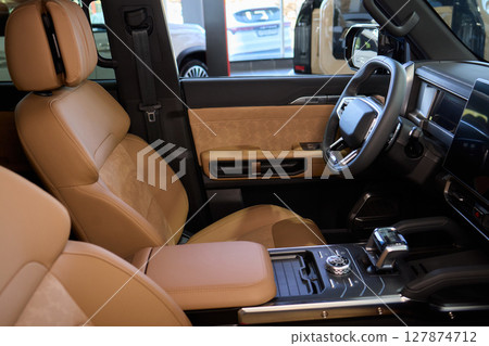 Discover the Stylish Car Interior with Premium Leather Seats for elegance and comfort 127874712