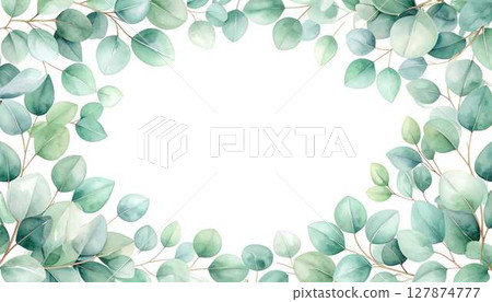 極簡主義水彩畫框，配上淡雅的鼠尾草色桉樹葉 127874777