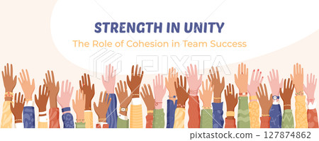Raised colorful hands symbolize community unity and teamwork. A vibrant representation of people, solidarity, and diverse support. Ideal for charity, volunteerism, banners, social campaigns, 127874862