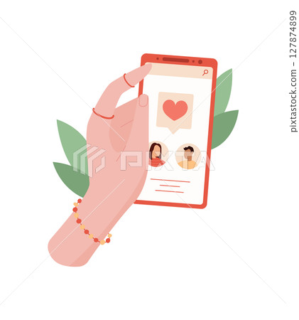 A hand holds a phone with dating app. Mobile device displays an online chat interface. User interacts with social features, flat design style, useful for lifestyle and technology concepts. A hand holds a phone with dating app. Mobile device displays an online chat interface. User interacts with social features, flat design style, useful for lifestyle and technology concepts. 127874899