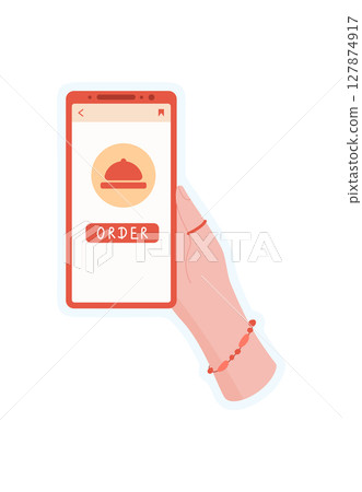 Sticker of hand holding phone. Illustration of mobile app with order button. Digital device concept, simple style, ideal for media, online commerce, or delivery services. 127874917