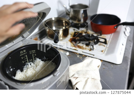 Dirty kitchen with rice cooker and greasy stove Dirty kitchen with rice cooker and greasy stove 127875044