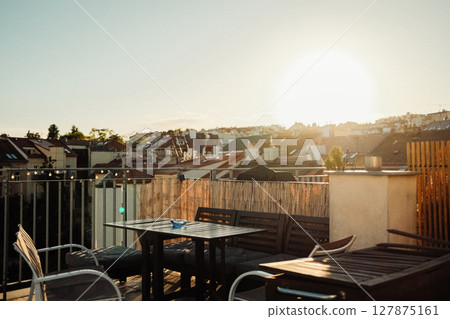 Cozy Prague apartment terrace with view of red tiled rooftops,Czech architecture 127875161