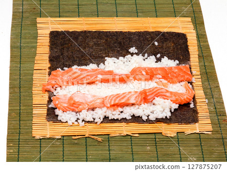 Fresh salmon with rice on nori algae Fresh salmon with rice on nori algae 127875207