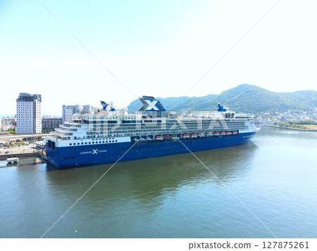 Aerial view of the cruise ship Celebrity Millennium calling at Hakodate Port in Hakodate, Hokkaido in early summer 127875261