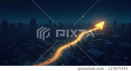 A top view of a glowing navigation route through a nighttime city street, featuring a bright arrow and illuminated path A top view of a glowing navigation route through a nighttime city street, featuring a bright arrow and illuminated path 127875343