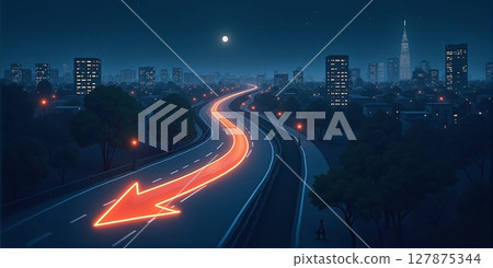 A top view of a glowing navigation route through a nighttime city street, featuring a bright arrow and illuminated path A top view of a glowing navigation route through a nighttime city street, featuring a bright arrow and illuminated path 127875344