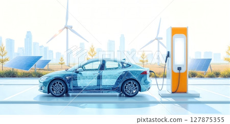 Electric car charging at renewable energy station, showcasing solar and wind power's role in sustainable, clean mobility 127875355
