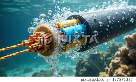 Close-up of an underwater fiber optic cable, connecting continents across oceans, enabling global internet and data transmission 127875385