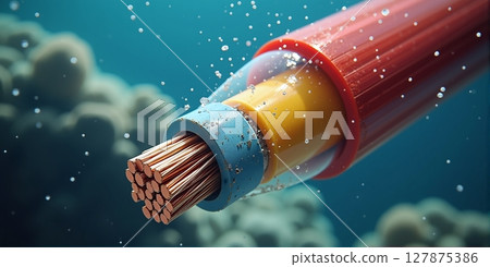 Close-up of an underwater fiber optic cable, connecting continents across oceans, enabling global internet and data transmission 127875386