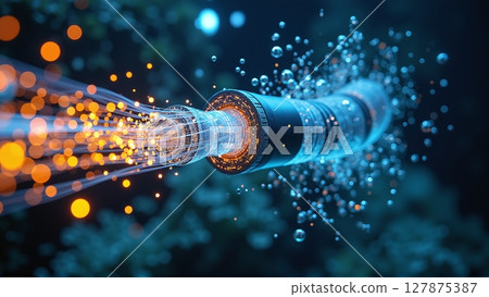 Close-up of an underwater fiber optic cable, connecting continents across oceans, enabling global internet and data transmission 127875387