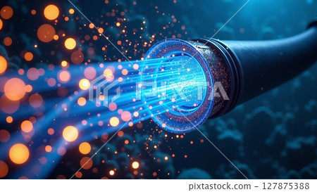 Close-up of an underwater fiber optic cable, connecting continents across oceans, enabling global internet and data transmission 127875388
