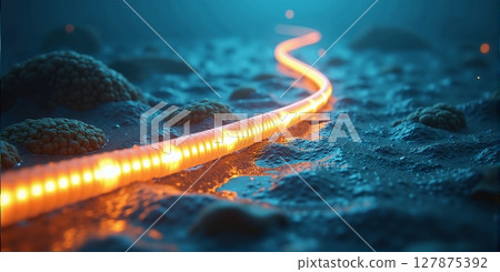 Glowing deep-sea cable on the ocean floor, connecting continents for high-speed data transmission across vast underwater distances 127875392