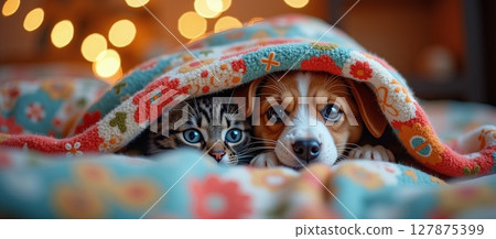 Two pets cuddle under a blanket, peeking out in fear from the loud fireworks and noise of New Year's Eve celebrations 127875399