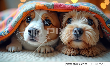 Two pets cuddle under a blanket, peeking out in fear from the loud fireworks and noise of New Year's Eve celebrations 127875400