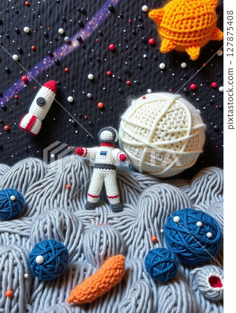 A whimsical knitted wool scene of a playful astronaut exploring lunar craters under starry skies, crafted with childlike imagination. A whimsical knitted wool scene of a playful astronaut exploring lunar craters under starry skies, crafted with childlike imagination. 127875408