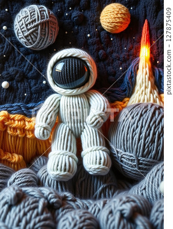 A whimsical knitted wool scene of a playful astronaut exploring lunar craters under starry skies, crafted with childlike imagination. A whimsical knitted wool scene of a playful astronaut exploring lunar craters under starry skies, crafted with childlike imagination. 127875409