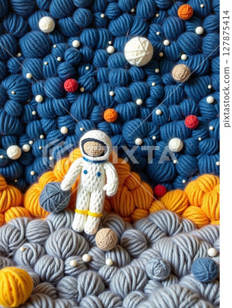 A whimsical knitted wool scene of a playful astronaut exploring lunar craters under starry skies, crafted with childlike imagination. 127875414