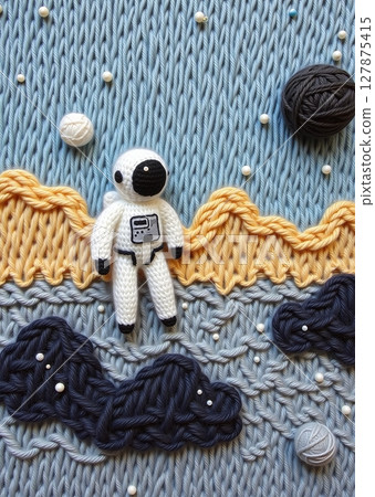 A whimsical knitted wool scene of a playful astronaut exploring lunar craters under starry skies, crafted with childlike imagination. A whimsical knitted wool scene of a playful astronaut exploring lunar craters under starry skies, crafted with childlike imagination. 127875415
