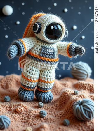 A whimsical knitted wool scene of a playful astronaut exploring lunar craters under starry skies, crafted with childlike imagination. 127875423