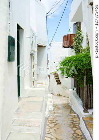 A view of the streets of Skyros, a remote Greek island with beautiful white walls A view of the streets of Skyros, a remote Greek island with beautiful white walls 127875458