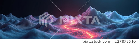 A glowing topographic landscape features high mountains, deep valleys, and winding roads, all set against a dark background 127875510