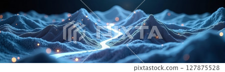 A glowing topographic landscape features high mountains, deep valleys, and winding roads, all set against a dark background 127875528