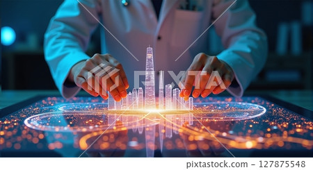 Urban planning unfolds as hands shape a glowing holographic cityscape of skyscrapers and vibrant streets Urban planning unfolds as hands shape a glowing holographic cityscape of skyscrapers and vibrant streets 127875548